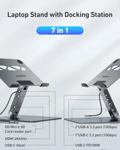 BENFEI ▫️ Suporte para portátil com docking station USB-C 7 em 1, HDMI 4K a 60 Hz, ranhura para cartões SD e Micro SD, carregamento rápido de 100 W, 10 Gbps com 1 porta USB-C 3.2 e 2 portas USB-A 3.2. Compatível com MacBook Pro/Air, iPad Pro e XPS 2