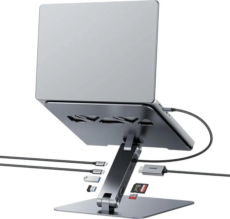 BENFEI ▫️ Suporte para portátil com docking station USB-C 7 em 1, HDMI 4K a 60 Hz, ranhura para cartões SD e Micro SD, carregamento rápido de 100 W, 10 Gbps com 1 porta USB-C 3.2 e 2 portas USB-A 3.2. Compatível com MacBook Pro/Air, iPad Pro e XPS