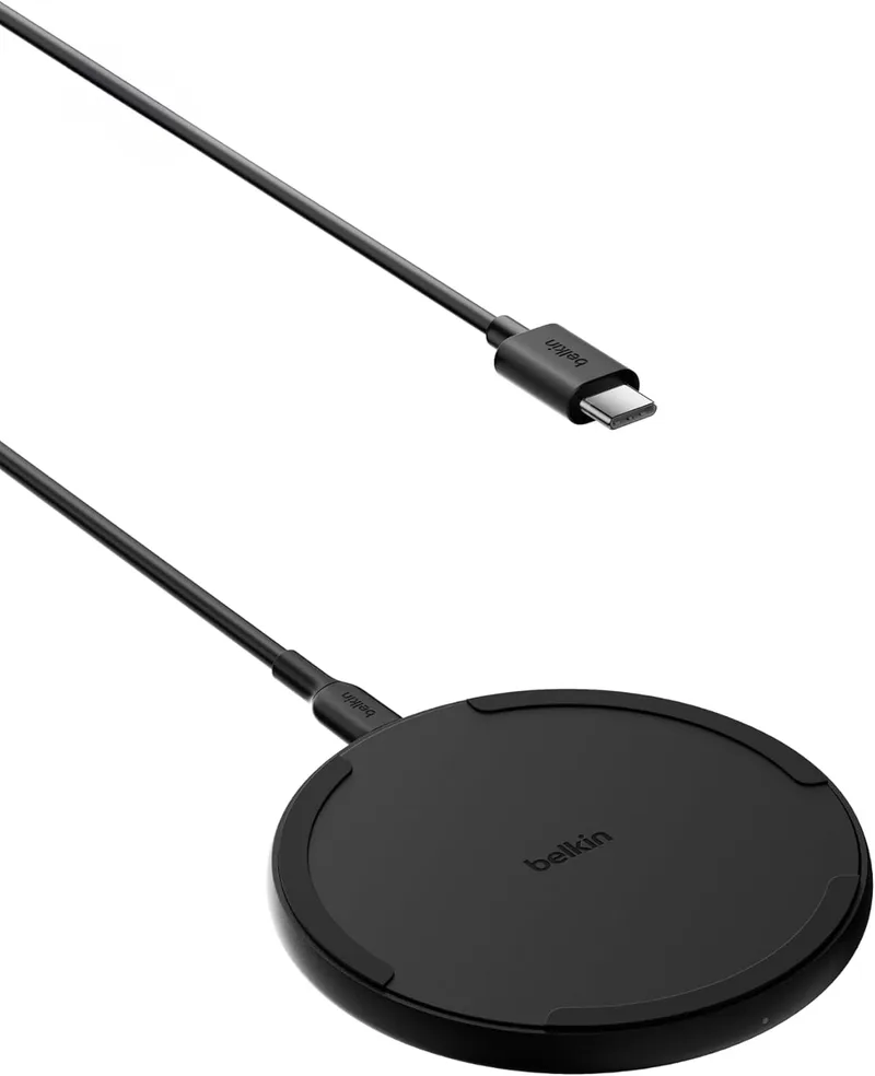 Carregador sem fios de 15 W da Belkin, estação de carregamento para iPhone 17, iPhone 16/15 Series, AirPods, Samsung Galaxy S25, Galaxy S24, Pixelsnap - Cabo incluído (sem fonte de alimentação) - Preto
