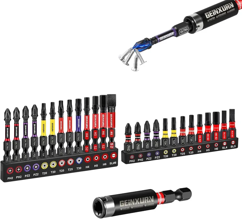 GEINXURN ▫️ Conjunto de 27 pontas de chave de fendas de impacto (Phillips, Pozidriv, Torx, Hex, com ranhura), 25 mm, 50 mm, Ph, Pz, Tx, conjunto de pontas de chave de fendas em cruz magnéticas S2 em aço e 1