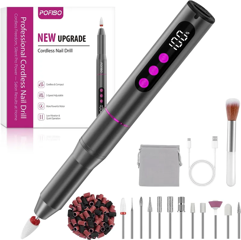 POFIBO ▫️ Fresadora Profissional para Unhas 35 000 RPM com USB, Conjunto de Manicura 12 em 1 | Lixa elétrica para unhas recarregável, portátil e silenciosa para salões, uso doméstico, unhas de gel e acrílicas (Cinzento)