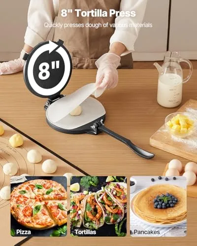 VEVOR ▫️ Prensa para tortilhas em ferro fundido de 200 mm, resistente, com pega e 100 folhas de papel vegetal, para massa de tacos e tortilhas de farinha, 250 x 200 x 120 mm, Fácil de usar, cinzenta 2