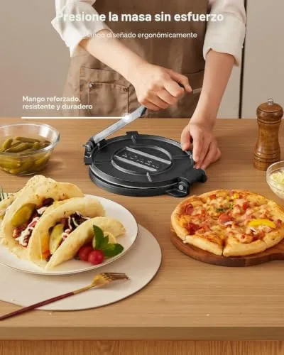 VEVOR ▫️ Prensa para tortilhas em ferro fundido de 200 mm, resistente, com pega e 100 folhas de papel vegetal, para massa de tacos e tortilhas de farinha, 250 x 200 x 120 mm, Fácil de usar, cinzenta 3