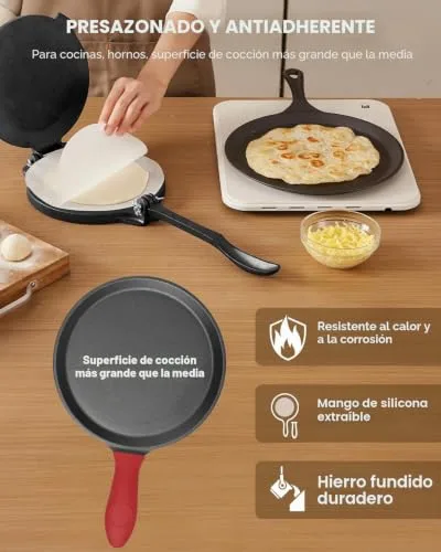 VEVOR ▫️ Prensa para tortilhas em ferro fundido de 200 mm, resistente, com pega e 100 folhas de papel vegetal, para massa de tacos e tortilhas de farinha, 250 x 200 x 120 mm, Fácil de usar, cinzenta 5