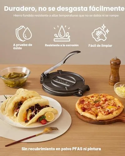 VEVOR ▫️ Prensa para tortilhas em ferro fundido de 200 mm, resistente, com pega e 100 folhas de papel vegetal, para massa de tacos e tortilhas de farinha, 250 x 200 x 120 mm, Fácil de usar, cinzenta 6