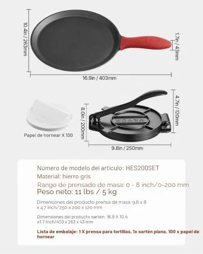 VEVOR ▫️ Prensa para tortilhas em ferro fundido de 200 mm, resistente, com pega e 100 folhas de papel vegetal, para massa de tacos e tortilhas de farinha, 250 x 200 x 120 mm, Fácil de usar, cinzenta 7
