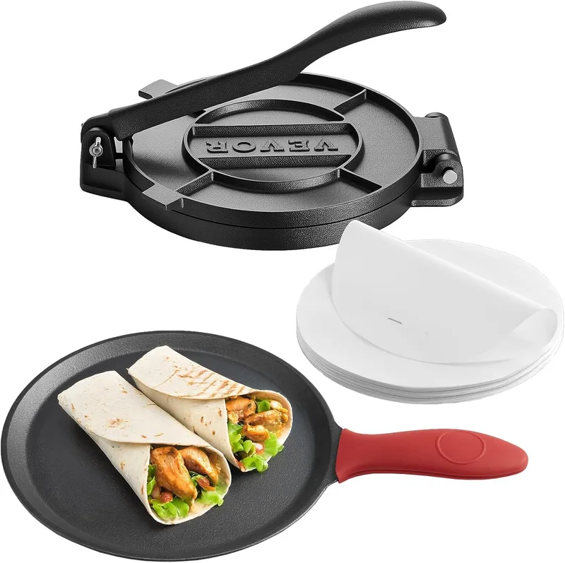 VEVOR ▫️ Prensa para tortilhas em ferro fundido de 200 mm, resistente, com pega e 100 folhas de papel vegetal, para massa de tacos e tortilhas de farinha, 250 x 200 x 120 mm, Fácil de usar, cinzenta