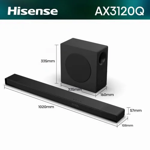 Hisense ▫️ AX3120Q - Barra de som 3.1.2, 440 W, modo de equalização com IA, subwoofer sem fios de 6,5", Dolby Atmos, DTS:X, Hi-Concerto, EzPlay 3.0 3