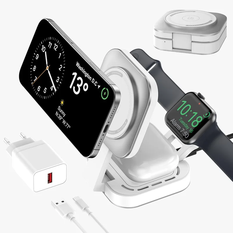 CYFIBYNO ▫️ Carregamento sem fios 3 em 1 para dispositivos Apple, Mini estação de carregamento Magsafe dobrável para iPhone 17/Air/16/15/14/13/12 Series, Apple Watch Series e AirPods Pro/2/3/4(adaptador incluído) (prateado)