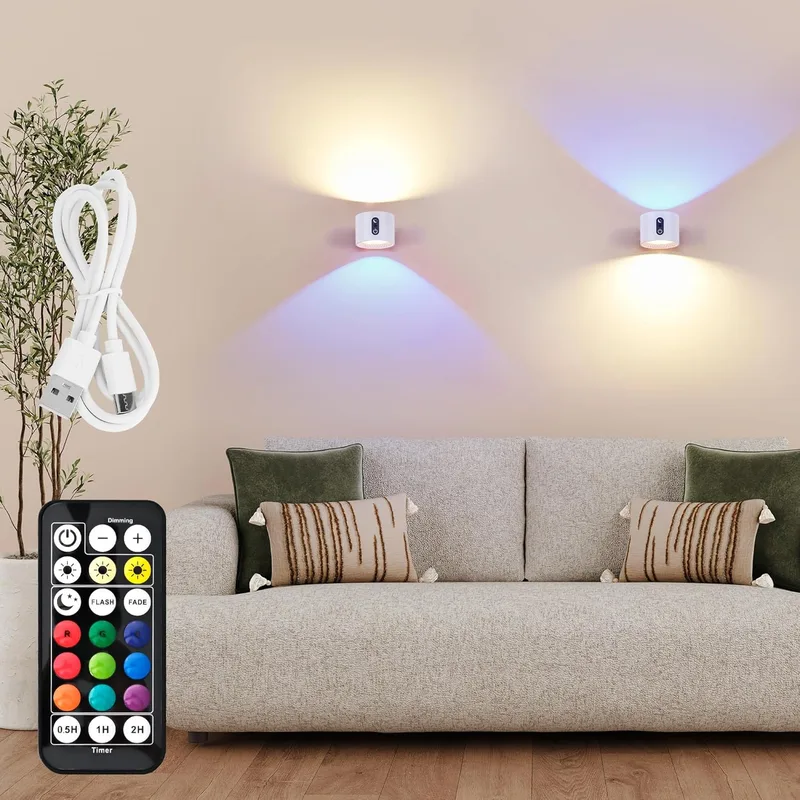 LuminexDesigns ▫️ Conjunto de 2 candeeiros de parede LED RGB recarregáveis AURI WL01 | Brancos, sem fios, com comando à distância, luz para cima e para baixo, reguláveis por toque, temporizador, para quarto e corredor
