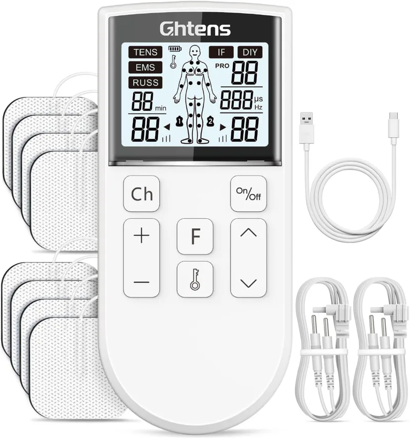 GHTENS ▫️ Electroestimulador muscular profissional 5 em 1, recarregável, 80 modos de estimulação, com TENS/EMS/RUSS/IF/DIY e função de massagem, 2 canais, 16 intensidades, para alívio da dor (branco)
