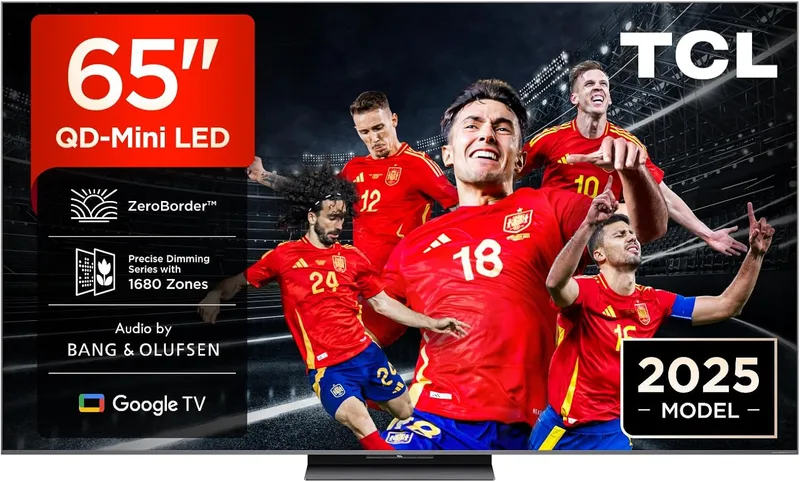 TCL ▫️ 65Q8C Televisor de 65 polegadas com QD-Mini LED, 4K, Smart TV, 4500 nits, HDR Premium, Bang & Olufsen, ZeroBorder, Google TV, Dolby Vision IQ e Atmos, Game Master