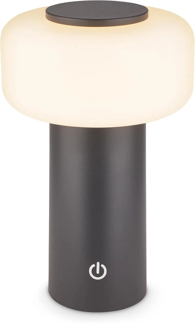 Briloner ▫️ Candeeiro de mesa LED sem fios IP44 com controlo tátil, regulável, pilha substituível, candeeiro de mesa de cabeceira sem fios, candeeiro de mesa LED recarregável, 13x20,6 cm, antracite