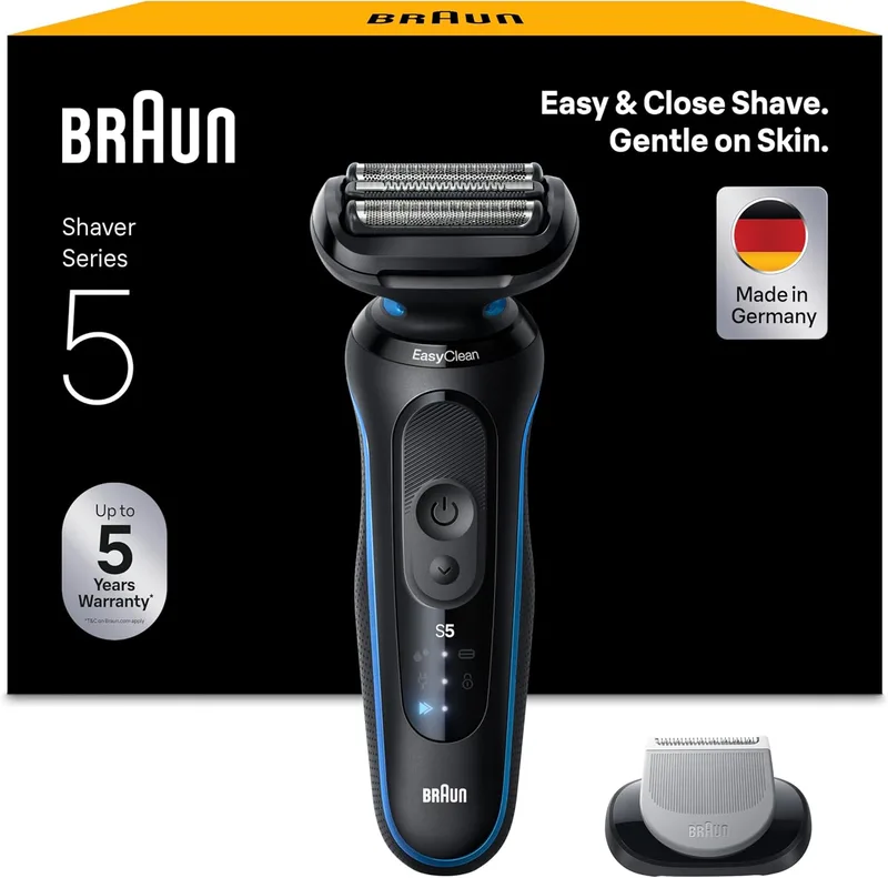 Braun ▫️ Series 5 Máquina de Barbear Elétrica para Homem, 52-B1600S, Azul | Máquina de Barbear à Prova de Água, Recarregável, 50 Min de Autonomia, com Cabeça de Aparador Corporal, 2 Modos de Barbeado