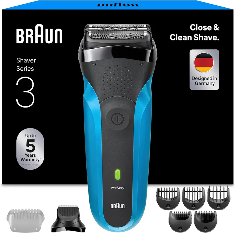Braun ▫️ Series 3 Máquina de Barbear Elétrica para Homem, 310BT, Azul - Máquina de Barbear para Barba a Seco e a Molhado, Recarregável, 2 Lâminas, Cabeça de Aparador de Barba, 30 Min de Autonomia, Carregamento Rápido