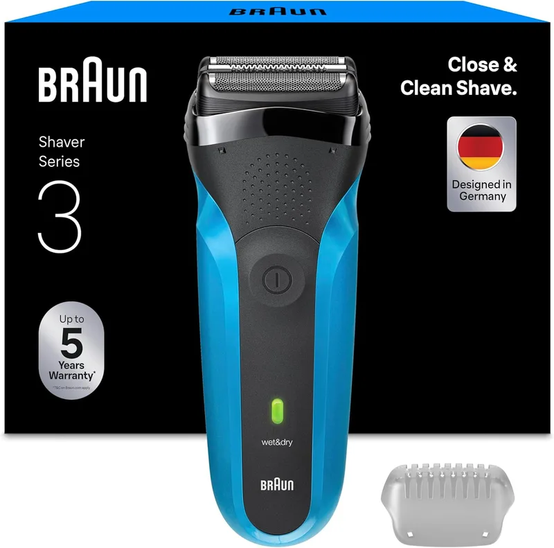 Braun ▫️ Series 3 Máquina de Barbear Elétrica para Homem, 310S, Azul | Máquina de Barbear à Prova de Água, Recarregável, 30 Min de Utilização, Carregamento Rápido, 2 Lâminas, Barbeado Fácil e Limpo