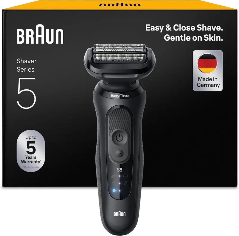 Braun ▫️ Máquina de barbear eléctrica para homem Series 5, máquina de barbear húmida e seca, 2 modos de barbear, 50 minutos de utilização, lâminas flexíveis, carregamento rápido, 52-N1000SI, preto