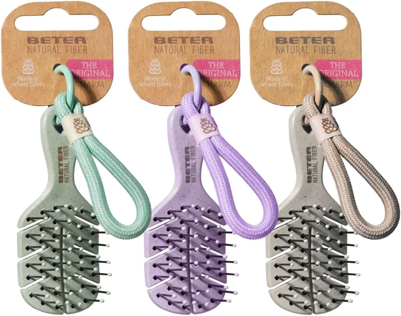 Beter ▫️ Conjunto de 3 enfeites para a escova Natural Fiber, formato XSS, inclui uma corrente para pendurar na mala, mochila ou calças, fabricado com materiais naturais, desembaraça suavemente, 3 cores