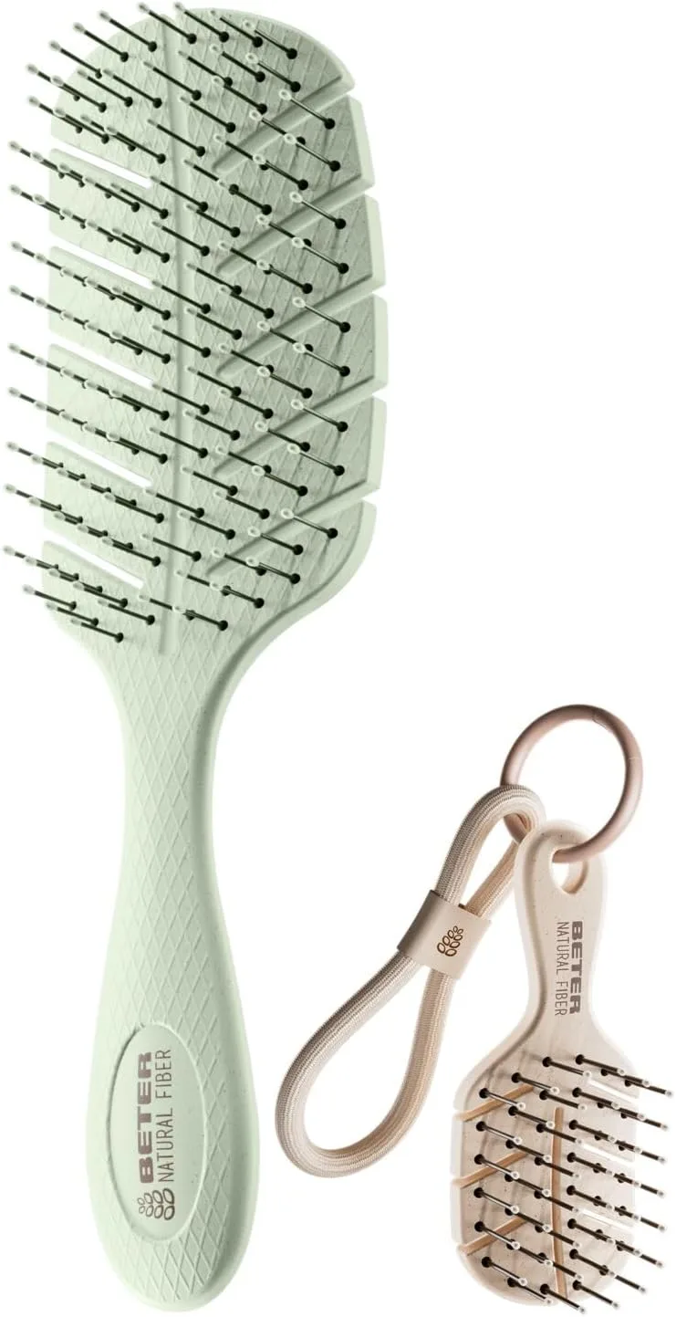 Beter ▫️ Escova de cabelo desembaraçante anti-puxões Natural Fiber + Charm Mini, Anti-embaraços e Anti-quebra, Penteado suave sem puxões, Para todos os tipos de cabelo, Cor Charm aleatória