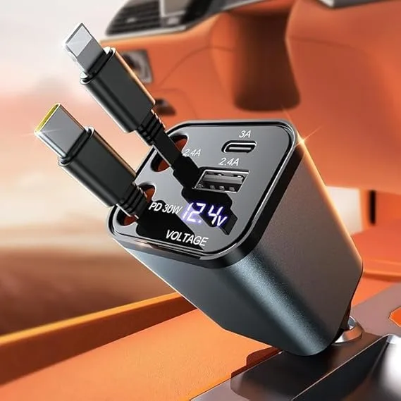 YINLAI ▫️ Adaptador de carregador de automóvel retrátil 69W, 2 cabos USB Carregador de telemóvel Carregador de automóvel Carregamento rápido, Presentes de viagem Acessórios para autocaravana Carregador de carrinha para iPhone/Galaxy/iPad/Google