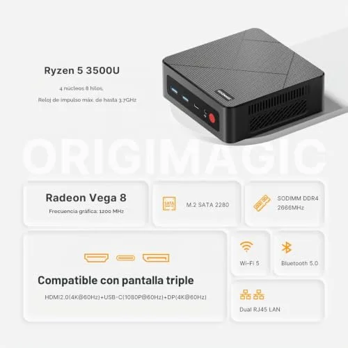 origimagic ▫️ C4 Air Mini PC para jogos leves com Ryzen 5 3500U (superior ao N150, até 3,7 GHz), 8 GB DDR4/256 GB SSD, mini-computador com suporte para três ecrãs/pré-instalado com Windows 11 Pro/Wi-Fi 5/Bluetooth 5.0/Ethernet dupla, PC para escritório/jogos/uso doméstico 2