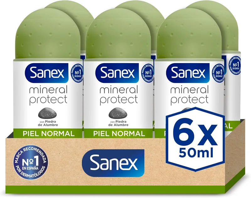 Sanex ▫️ Mineral Protect, Desodorizante Homem ou Mulher, Desodorizante Roll-on Pack 6 x 50ml, Respeita a sua pele e o planeta