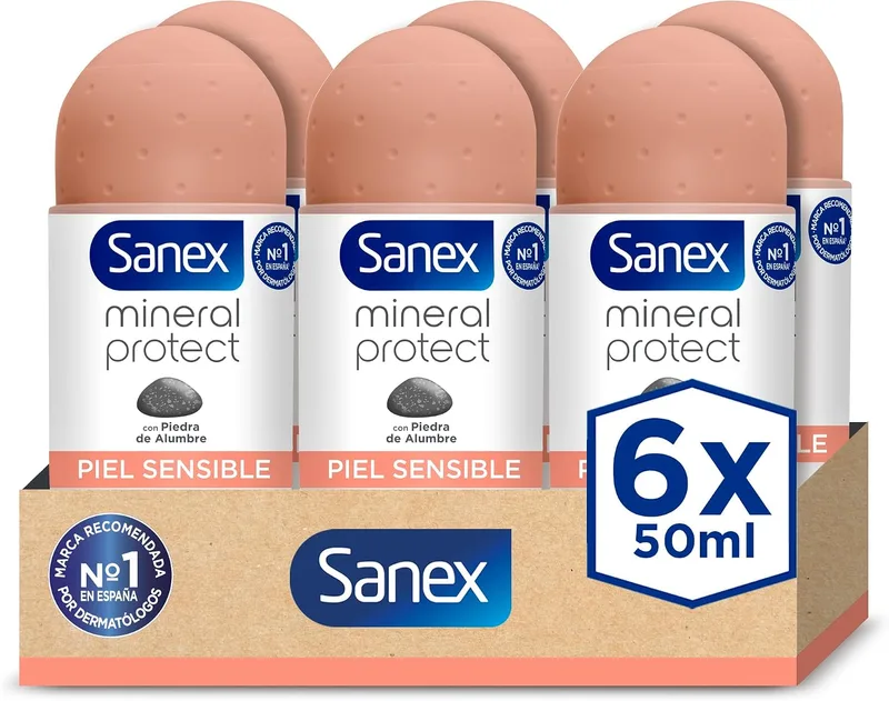 Sanex ▫️ Mineral Protect, Desodorizante Roll-On para Pele Sensível, Embalagem de 6 x 50 ml | Roll-on antitranspirante 48h com pedra de alúmen natural, 0% de alergénios, 0% de álcool, respeita a pele