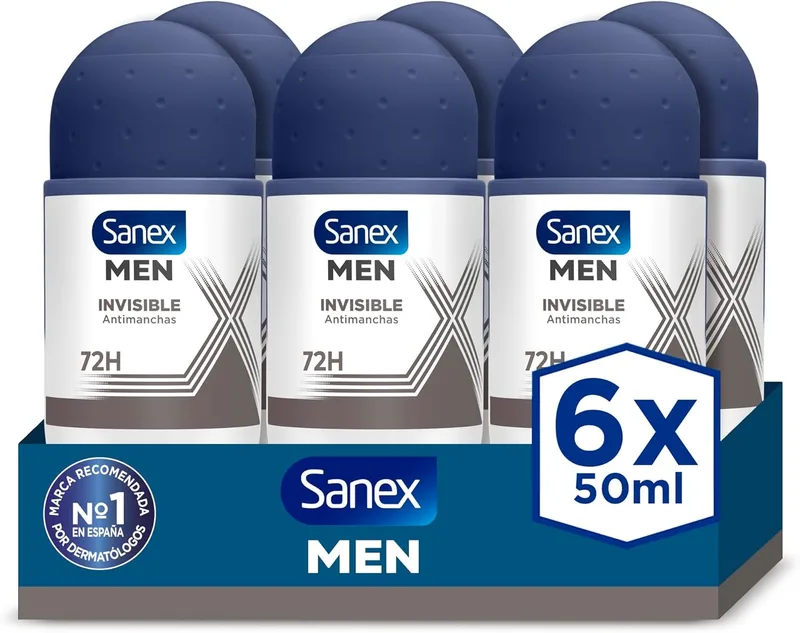 Sanex ▫️ Men Invisible Antitranspirante Desodorizante Roll-On 50ml, embalagem de 6 unidades.