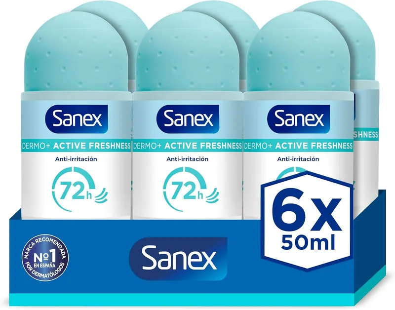 Sanex ▫️ Dermo+ Active Freshness Desodorizante Antitranspirante Roll-On 72 Horas (50ml) Pack 6 - proteção eficaz contra o suor e o odor - dermatologicamente testado - contém 0% de álcool*.