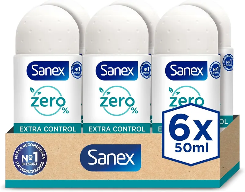Sanex ▫️ Zero% Extra Control, Desodorizante Roll-On, para Homem e Mulher, Embalagem de 6 x 50 ml