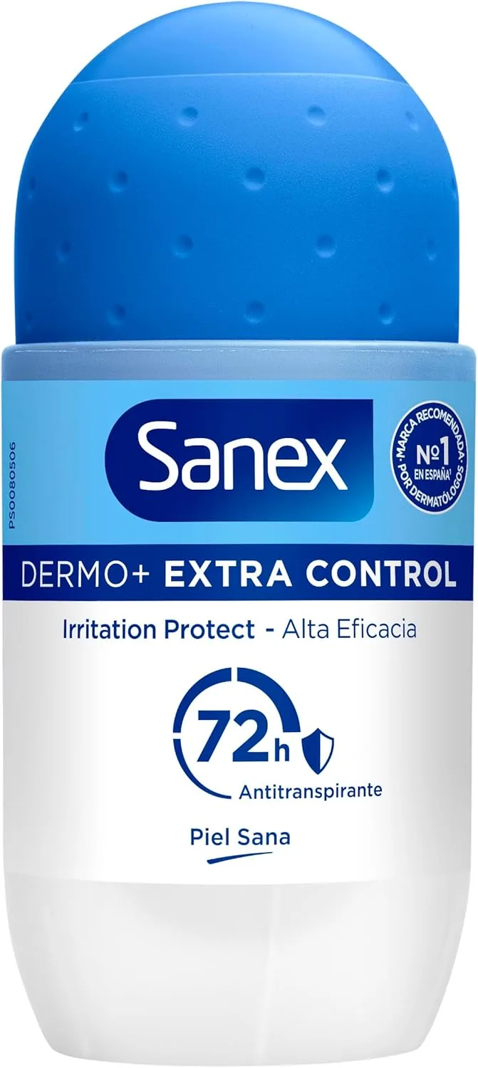 Sanex ▫️ Dermo+ Extra Control Desodorizante Antitranspirante Roll-On 72 Horas (50ml) - proteção eficaz contra o suor e o odor - dermatologicamente testado - contém 0% de álcool*.