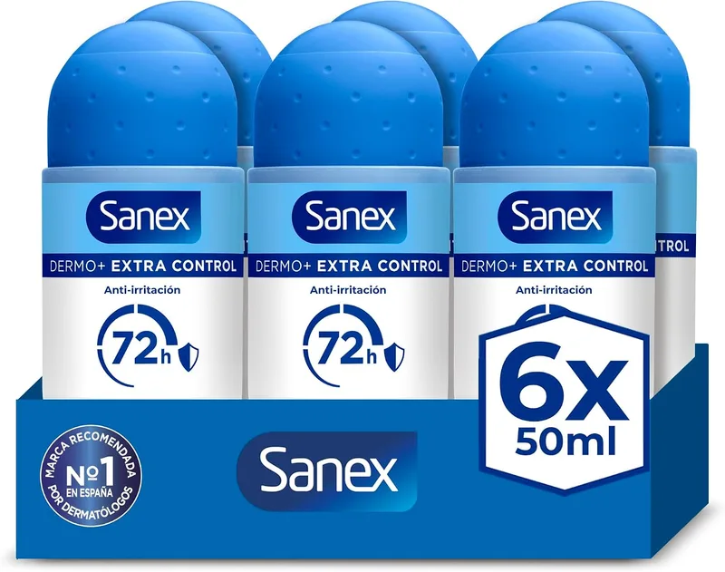 Sanex ▫️ Dermo+ Extra Control Desodorizante Antitranspirante Roll-On 72 Horas 6x50 ml – proteção eficaz contra o suor e o mau cheiro – testado dermatologicamente – contém 0% de álcool*