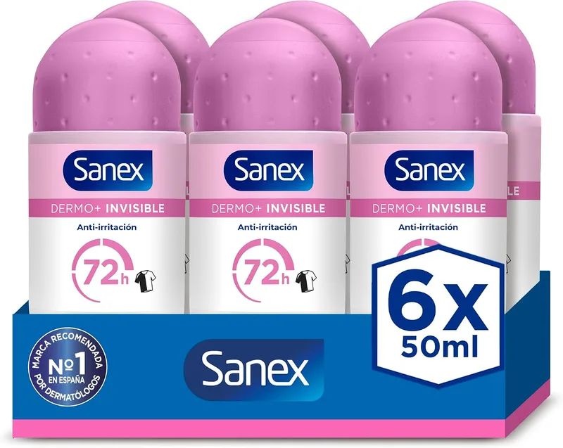Sanex ▫️ Dermo+ Invisible Desodorizante Antitranspirante Roll-On 72 Horas 6 x 50 ml – proteção eficaz contra o suor e o mau cheiro – testado dermatologicamente – protege contra as manchas