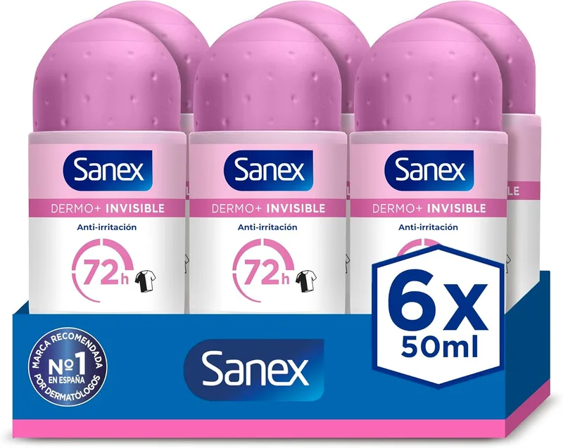 Sanex ▫️ Dermo+ Invisible Desodorizante Antitranspirante Roll-On 72 Horas 6 x 50 ml – proteção eficaz contra o suor e o mau cheiro – testado dermatologicamente – protege contra as manchas