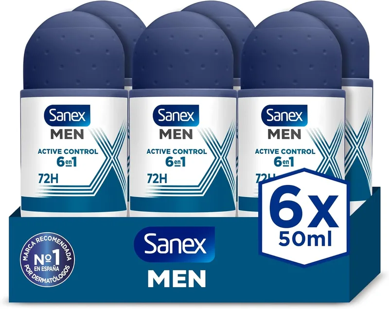 Sanex ▫️ Men Active Control Desodorizante Roll-On para Homem, Embalagem de 6 unidades de 50 ml, Proteção de 48 horas, Antitranspirante, Anti-irritação, 0% de álcool, Combate o mau cheiro, Longa duração