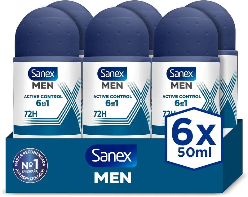 Sanex ▫️ Men Active Control, Desodorizante Antitranspirante Roll-On para Homem, 6x50 ml