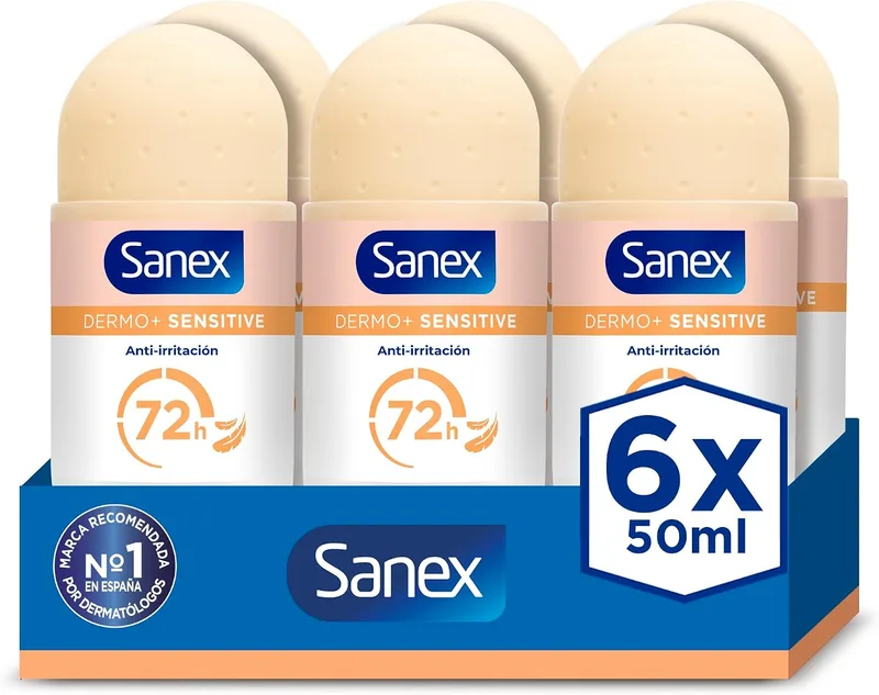 Sanex ▫️ Dermo+ Sensitive Desodorizante Antitranspirante Roll-On 72 Horas Embalagem de 6 x 50 ml - Proteção eficaz contra o suor e o mau cheiro – Testado dermatologicamente – 0% de álcool* - Para pele sensível