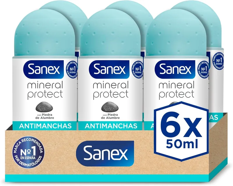 Sanex ▫️ Mineral Protect, Desodorizante Roll-On Antimanchas, Embalagem de 6 x 50 ml
