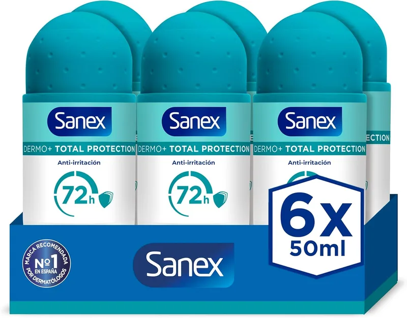 Sanex ▫️ Dermo+ Total Protection Desodorizante Antitranspirante Roll-On 72 Horas {50 ml} – proteção eficaz contra o suor e o mau cheiro – testado dermatologicamente – contém 0% de álcool* – ação 5 em 1