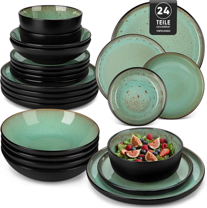 vancasso ▫️ Conjunto completo de louça AMBER para 6 pessoas, 24 peças em grés - pratos planos, pratos de sobremesa, saladeiras e taças - adequado para máquina de lavar louça, esmalte reativo verde