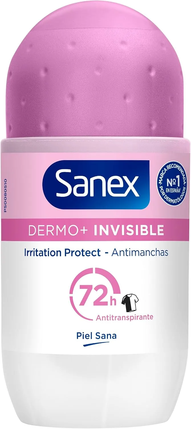 Sanex ▫️ Dermo+ Invisible, Desodorizante Antitranspirante Roll-On 72h, 50 ml