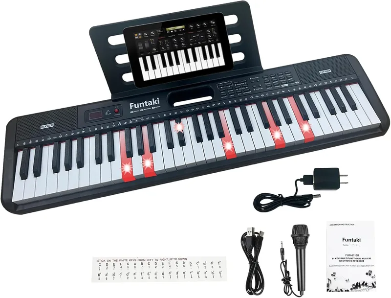 Funtaki ▫️ Piano com teclado interativo de 61 teclas para crianças, teclas iluminadas e canções de demonstração, piano elétrico portátil para principiantes dos 3 aos 7 anos