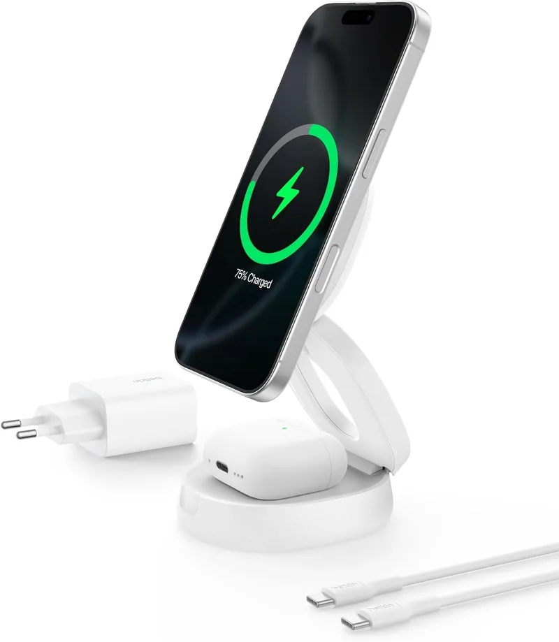 Belkin ▫️ Carregador sem fios BoostCharge 2 em 1, estação de carregamento dobrável de 15 W, compatível com Qi2 e MagSafe, para iPhone 17, Air, AirPods, Pixelsnap, fonte de alimentação de 30 W - Branco