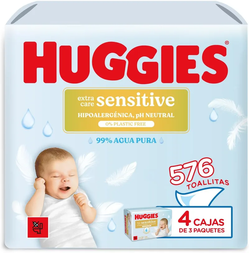 HUGGIES ▫️ Toalhitas para bebés Extra Care Sensitive, 99% de água pura, 12 embalagens de 48, total de 576 toalhitas