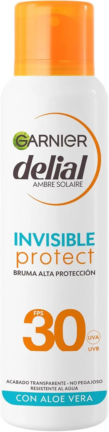 Garnier ▫️ Delial Invisible Protect Delial Invisible Protect Body Sun Mist com [Aloé Vera]. Alta proteção SPF 30. Acabamento transparente. Não pegajoso. Muito resistente à água. 150 ml