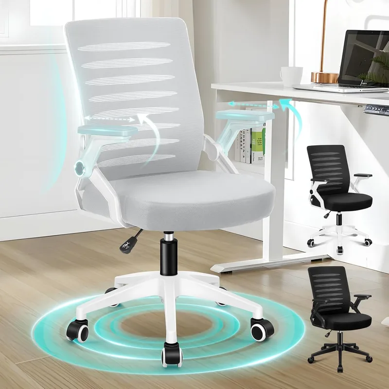 ALFORDSON ▫️ Cadeira de escritório ergonómica e ajustável com apoio lombar, braços rebatíveis para poupar espaço, cadeiras de escritório executivas em malha, cadeiras para salas de reuniões e receção (branca e cinzenta)