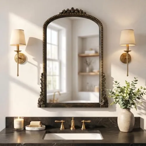BEAUTYPEAK ▫️ Espelho de parede curvo, estilo vintage, 61 x 81 cm, moldura moderna de estilo europeu em liga de alumínio, espelho HD refletor inquebrável, adequado para o quarto, sala de estar e corredor 2