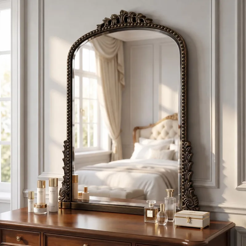 BEAUTYPEAK ▫️ Espelho de parede curvo, estilo vintage, 61 x 81 cm, moldura moderna de estilo europeu em liga de alumínio, espelho HD refletor inquebrável, adequado para o quarto, sala de estar e corredor