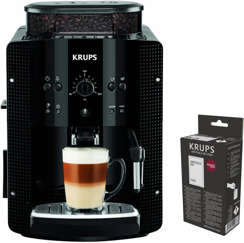 KRUPS ▫️ Essential, máquina de café superautomática + kit de descalcificação, depósito de água de 1,7 L, painel de controlo de fácil utilização, moinho cónico com 3 níveis de moagem, bocal de leite, EA8108OM
