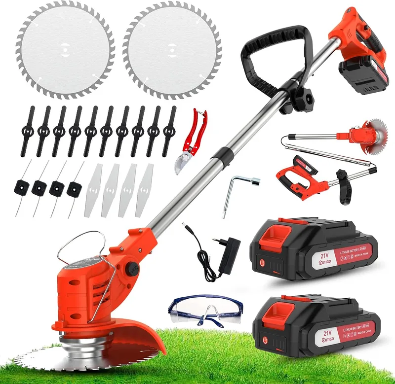OUTIGO ▫️ Cortador de relva sem fios a bateria, com 4 tipos de acessórios de corte, 2 baterias de 21 V, dobrável e ajustável, para jardim e terraço.